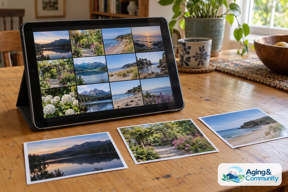 A tablet on a wooden table displays a grid of landscape and garden photos beside several matching printed pictures.