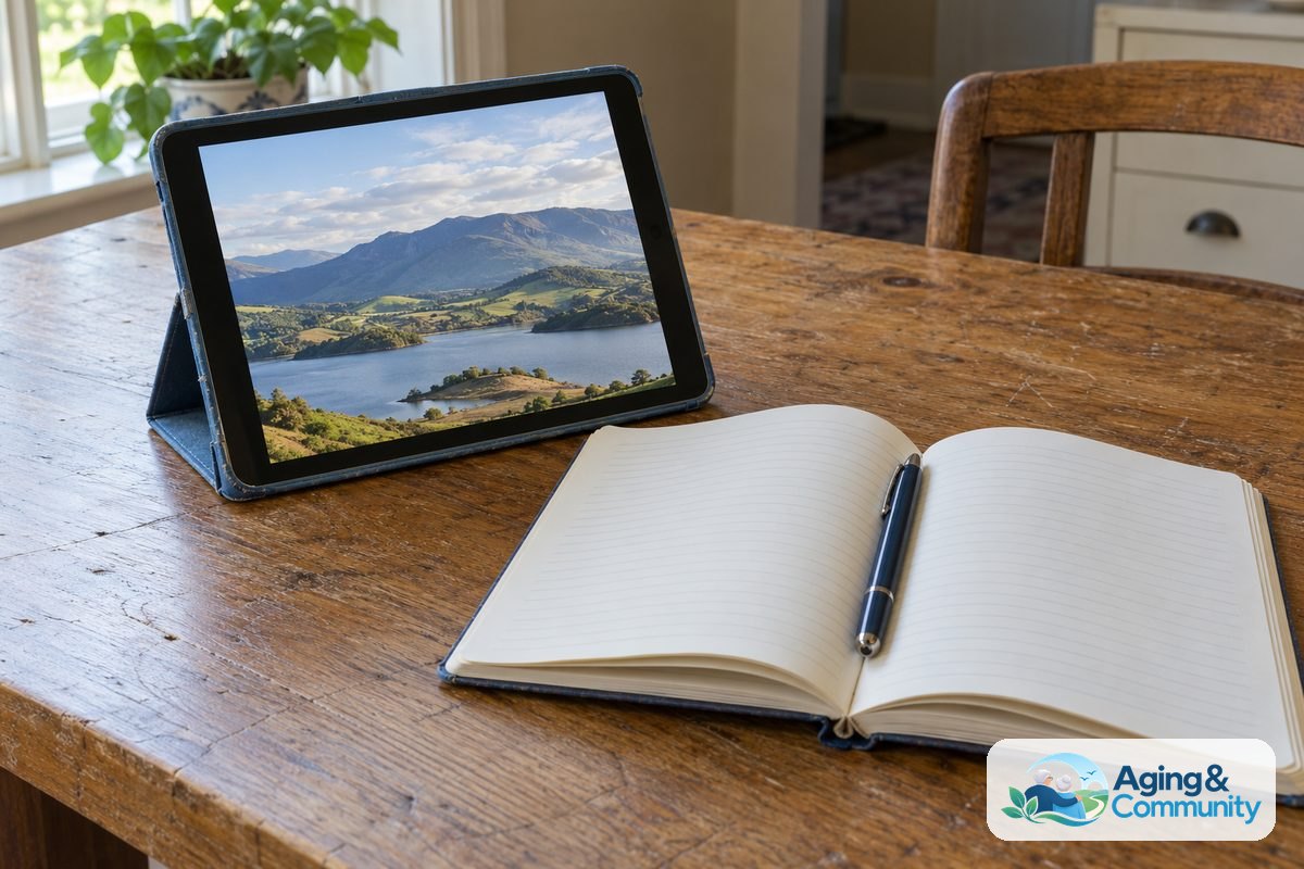 A tablet in a folding stand sits beside an open lined notebook and a capped pen on a worn wooden table.