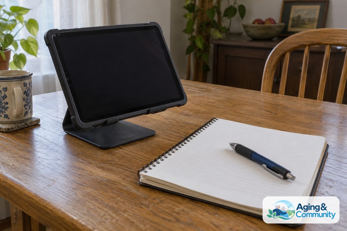 A tablet on an angled stand sits beside an open blank notebook and a thick pen on a wooden table near a curtained window.