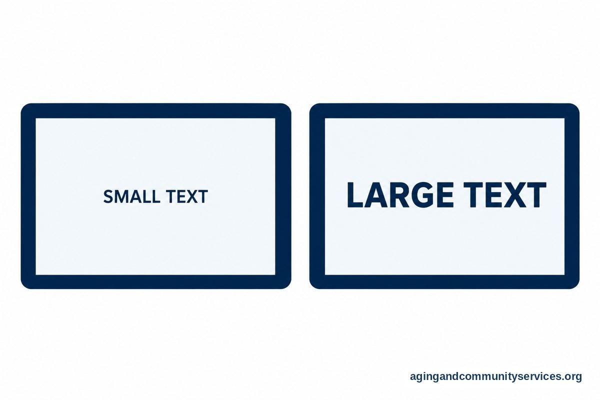Two matching tablet screens show small regular lettering on the left and larger bold lettering on the right.