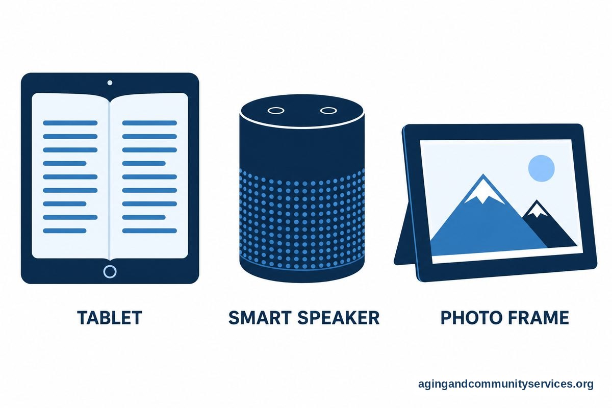 Three vector panels show a tablet displaying an open digital book, a compact speaker, and a digital photo frame displaying a mountain landscape.