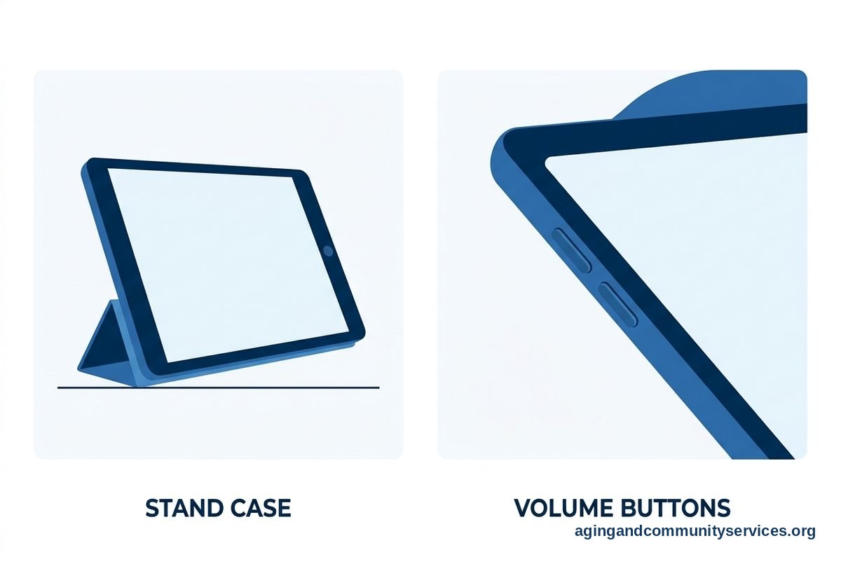 Tablet for Senior Citizen: Simple Buying Guide 3 A diagram shows a tablet supported by a folding stand case beside an enlarged side view of its volume buttons.