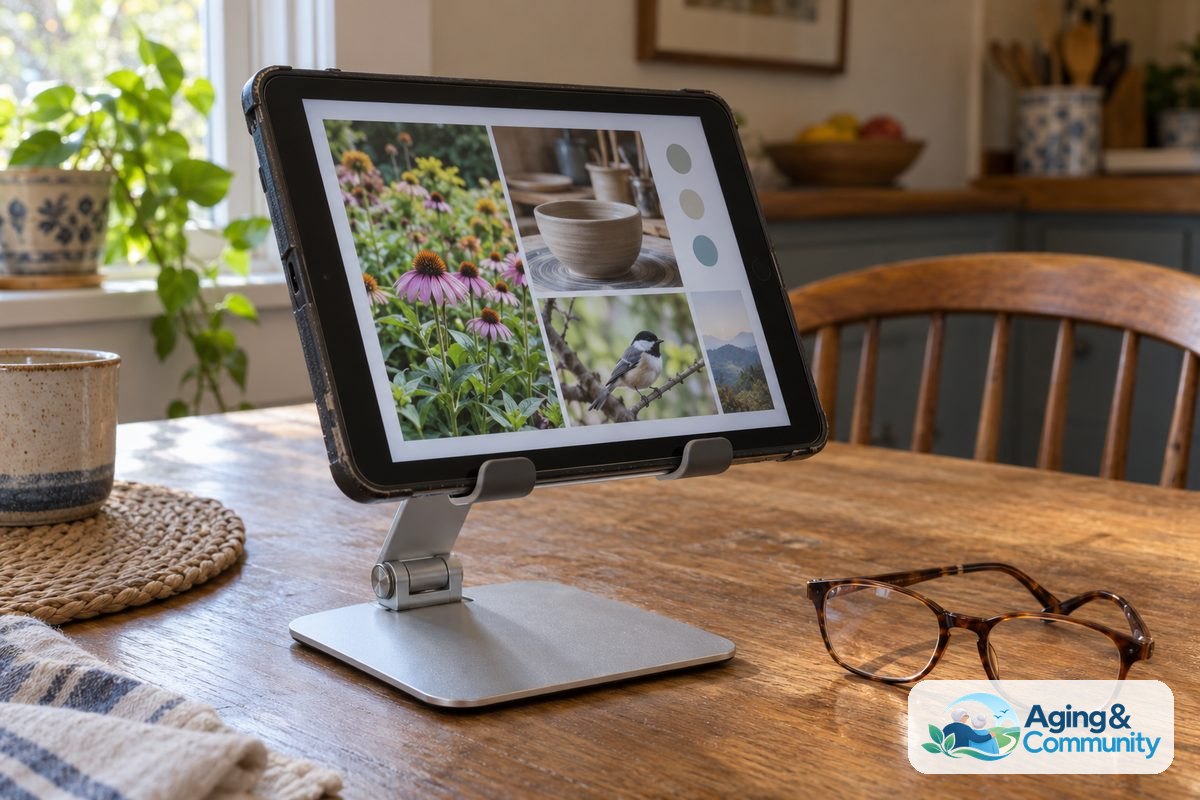 A tablet rests on an adjustable stand beside reading glasses on a wooden table, with large image tiles visible on its screen.