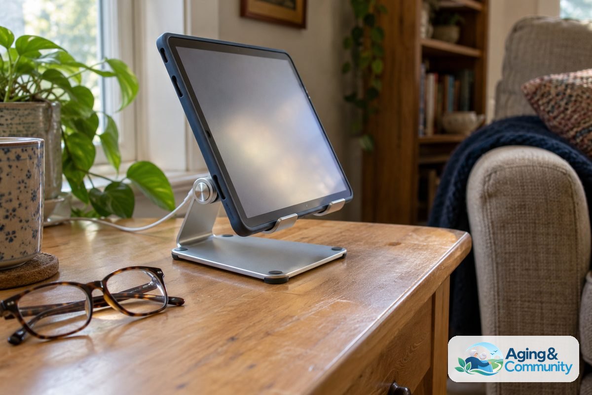 Email for Seniors with Dementia: A Helpful Setup Guide 3 A tablet in a protective case rests at an upright angle on a sturdy stand beside reading glasses on a wooden table.