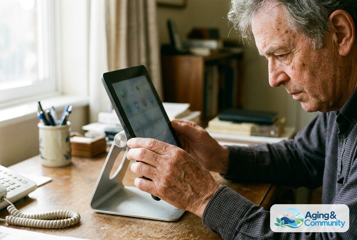 Close-up view of an older man's hands adjusting the volume rocker on a tablet secured in a steady tabletop stand.