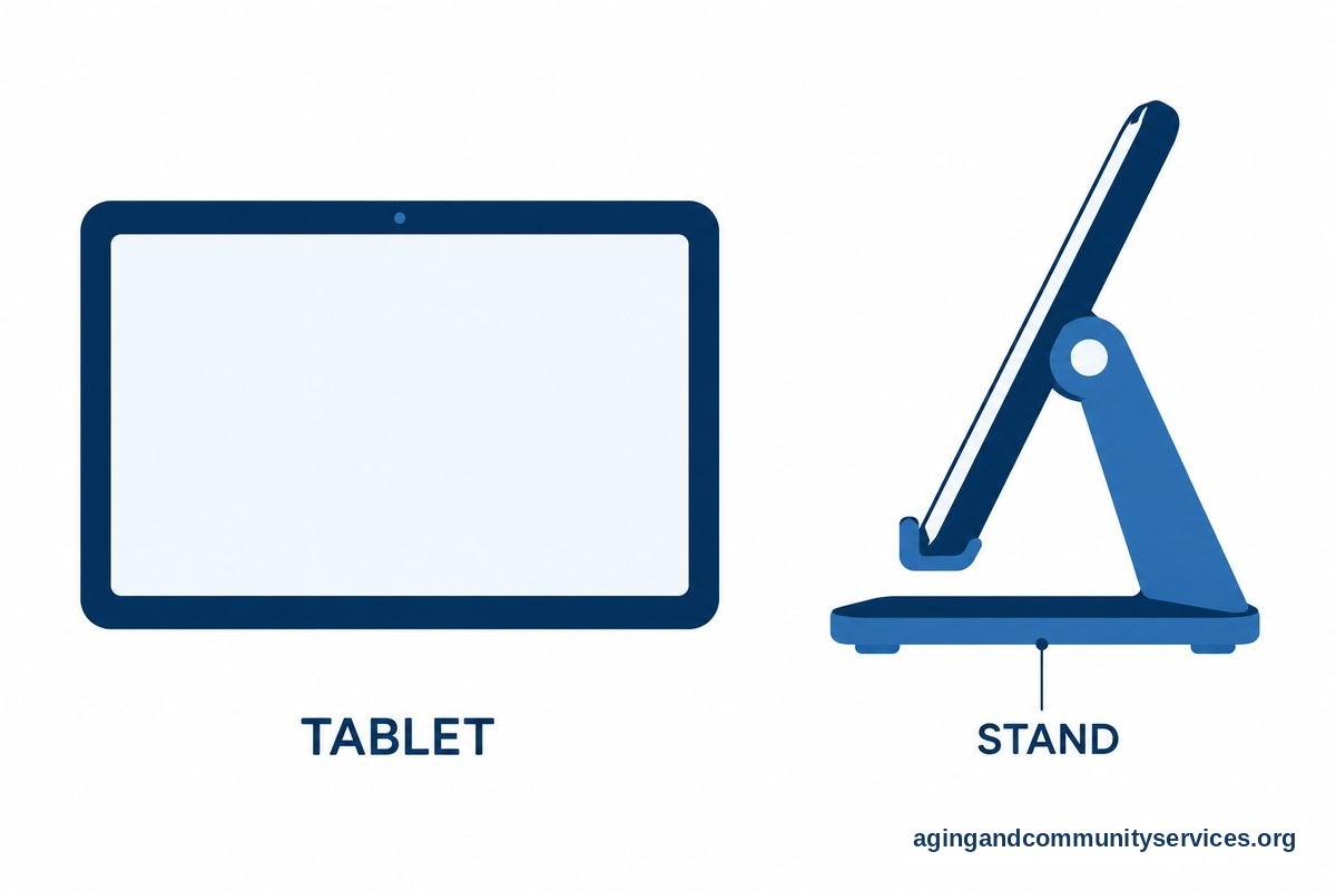 A diagram shows a tablet upright in a tabletop stand, with separate enlarged views of the tablet and stand.
