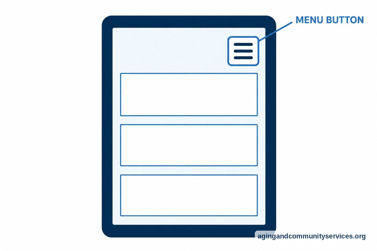 A large tablet drawing has a short leader line pointing to a button made of three horizontal lines in the upper corner of its screen.