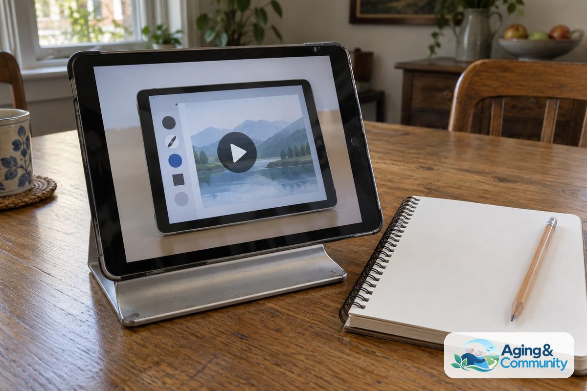 AI for Seniors Video Tutorials and Helpful Digital Tools 4 A tablet on an angled stand shows a close view of another tablet beside a blank spiral notebook and a pencil on an oak table.