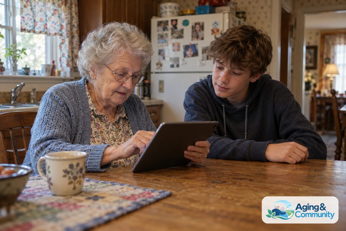 A woman in her late 70s holds a tablet at a wooden kitchen table while a teenage boy seated beside her watches her tap the screen.