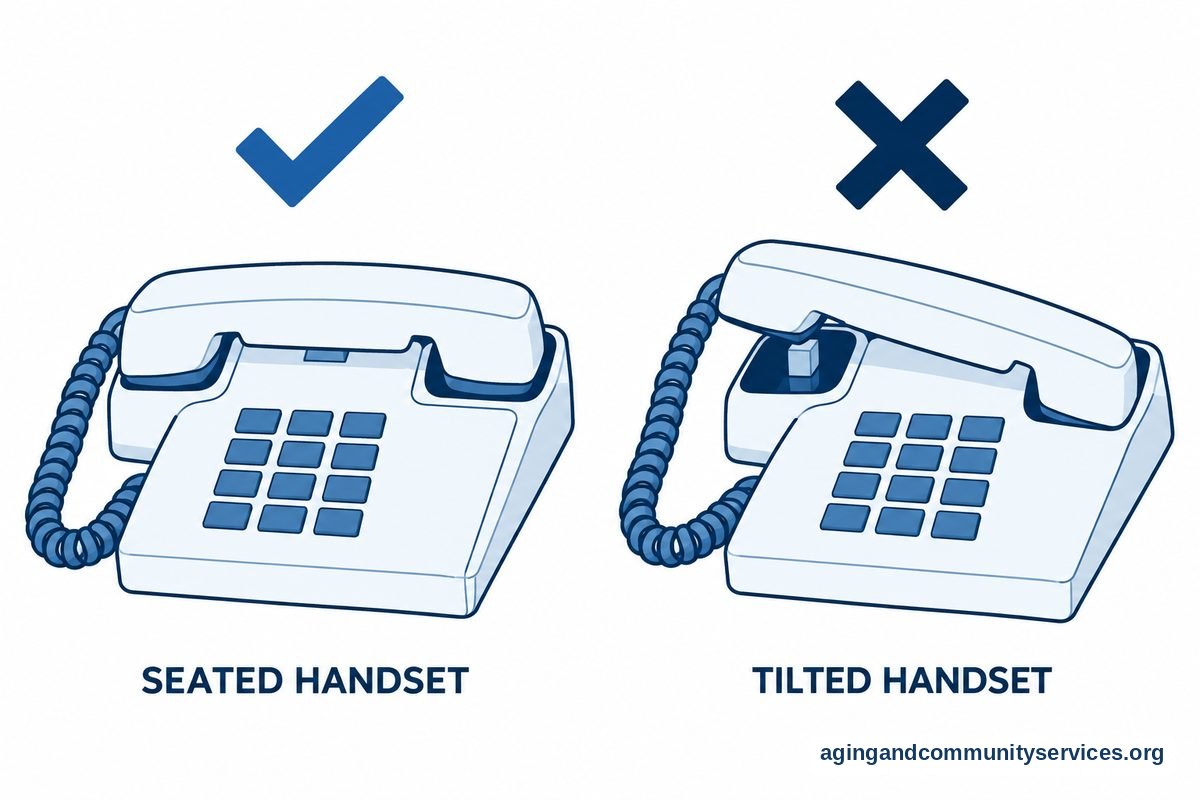 Two telephone drawings show a receiver seated evenly in its cradle beside a check mark and a tilted receiver beside a cross.