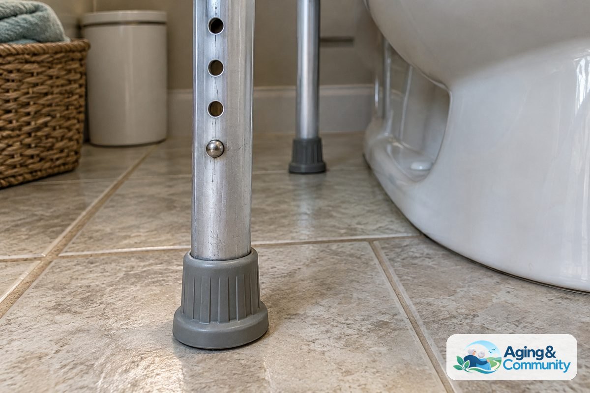 How to Use a Toilet Safety Frame Safely at Home 5 A close view of a toilet safety frame leg shows a metal adjustment button protruding through its hole above an intact rubber foot on dry tile.