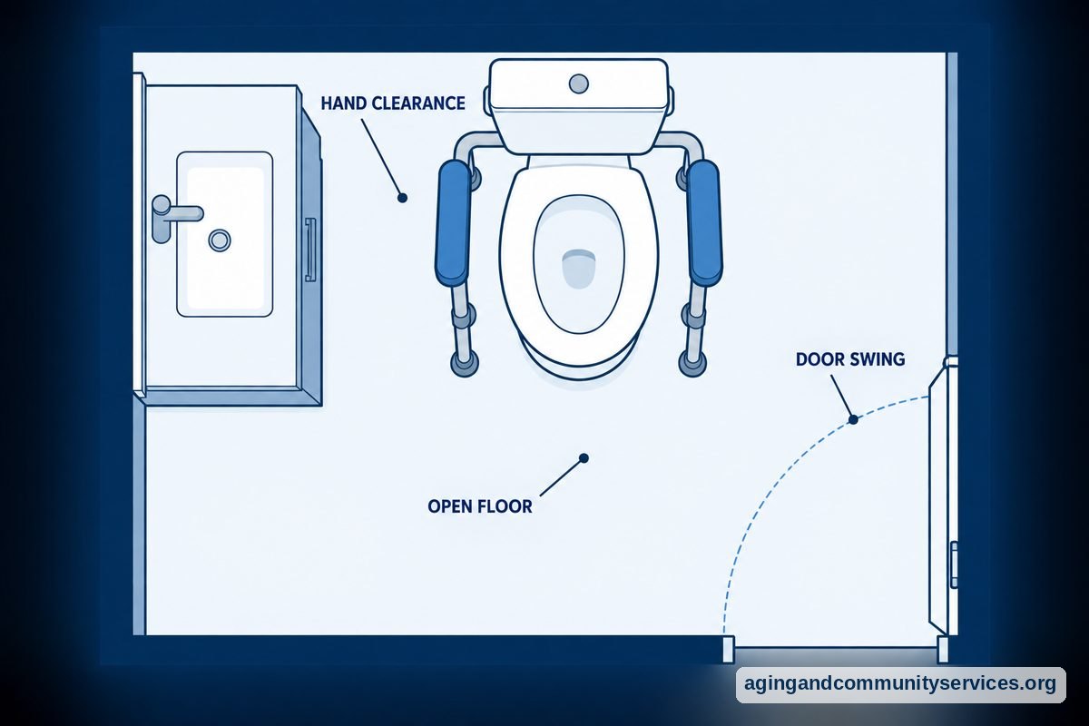 How to Use a Toilet Safety Frame Safely at Home 3 A bathroom floor plan shows a toilet safety frame beside a vanity, with open space in front of the toilet and a door that opens away from it.