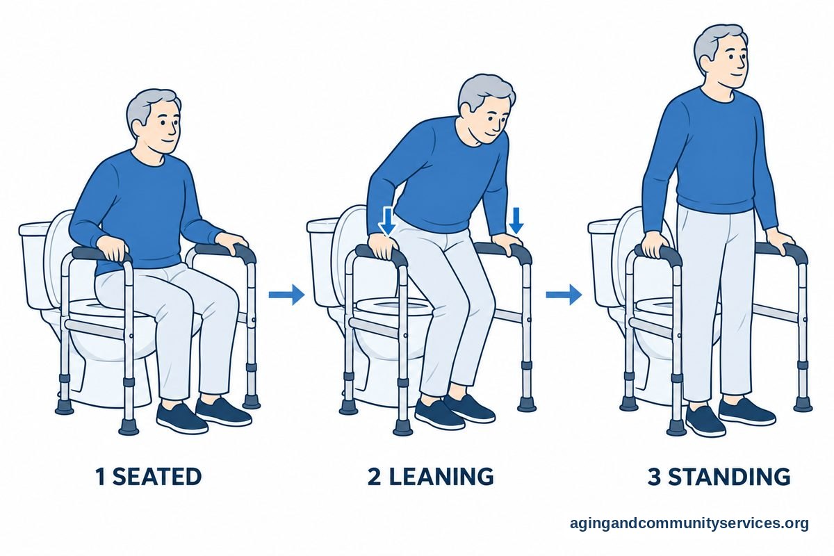 How to Use a Toilet Safety Frame Safely at Home 2 Three numbered drawings show a clothed adult seated between toilet rails, leaning forward with feet tucked back, and standing with both hands on the rails.