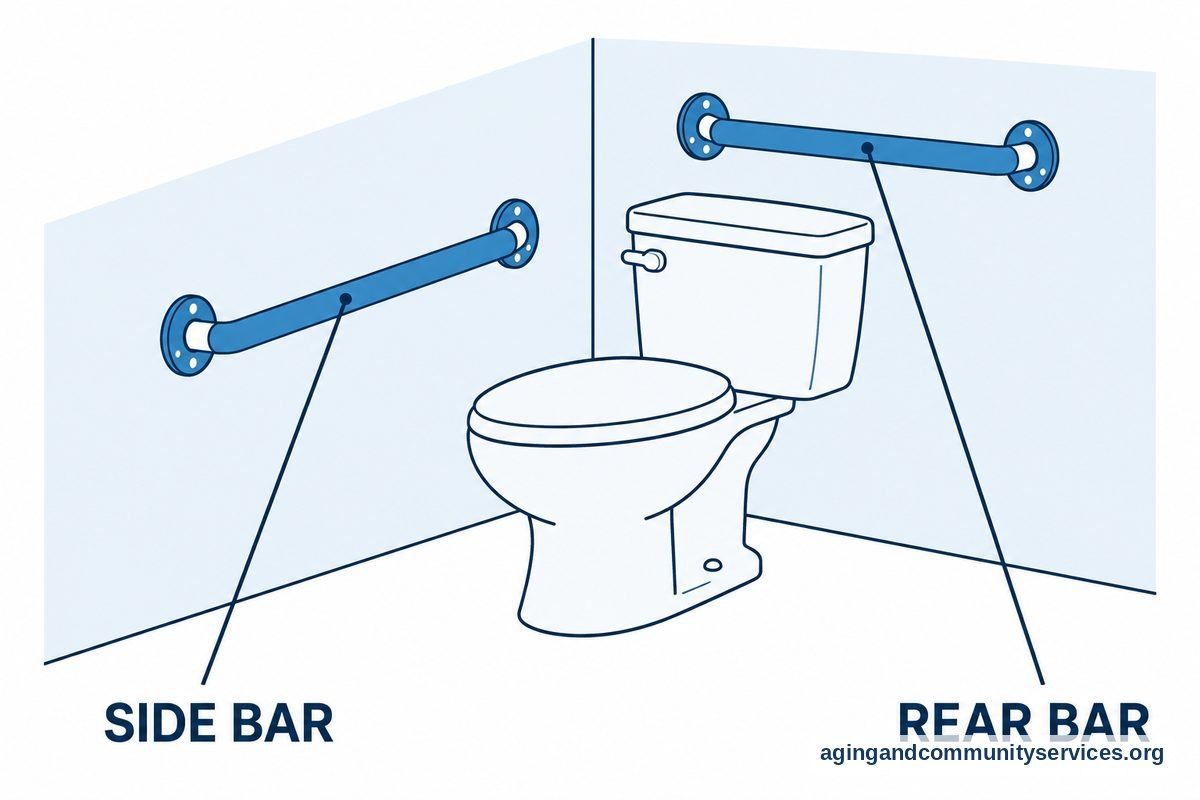 An angled diagram shows a toilet with a horizontal grab bar on the adjacent side wall and another on the wall behind the tank.