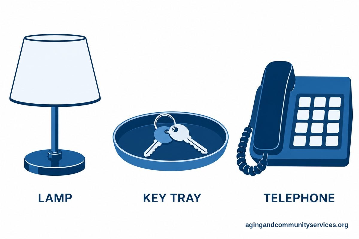 Smart Home Alternatives for Safer, Easier Living 2 Three illustrations show a table lamp with a metal touch base, a shallow tray holding keys, and a telephone with oversized buttons.