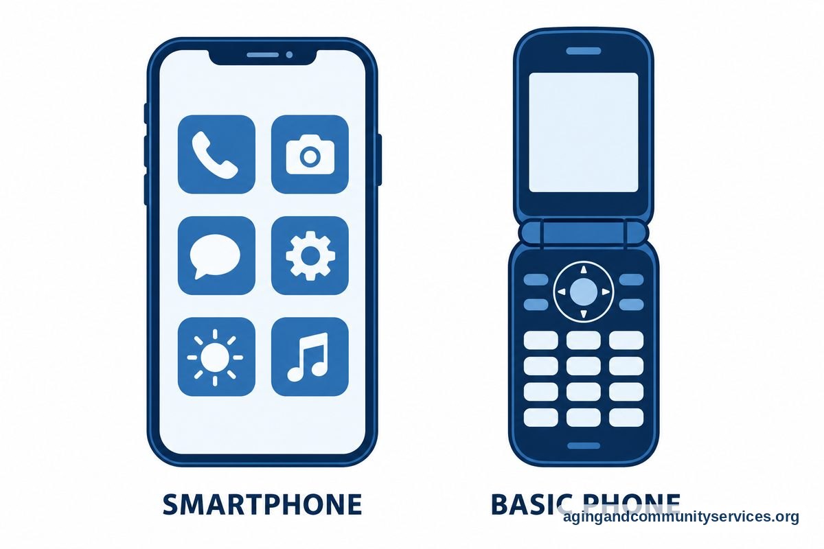 A touchscreen smartphone with app icons appears beside an open flip phone with a physical keypad.