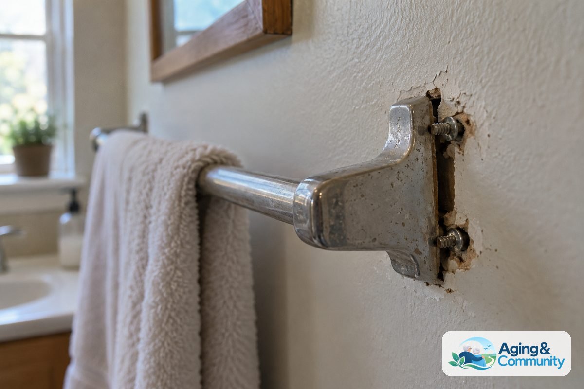 How to Modify Old House Spaces for Safer Living 3 Close-up documentary photograph of a towel bar mounted on a bathroom wall with loose screws and inadequate backing, showing the bar slightly tilted.