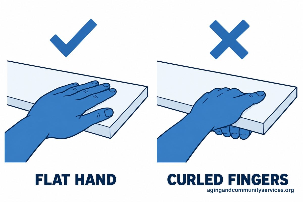 Two close drawings compare a hand resting flat on a transfer board with fingers curled underneath its edge, marked with a check and a cross respectively.