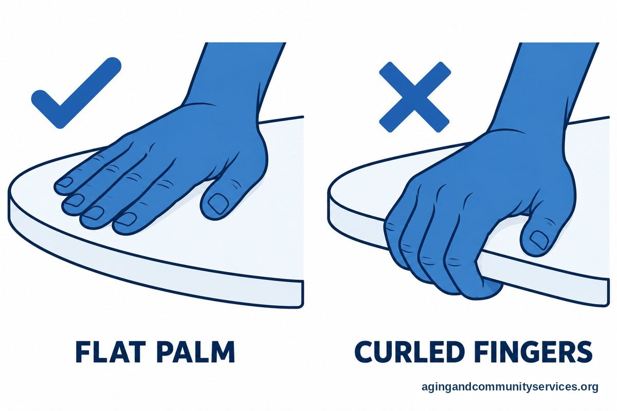 How to Use Transfer Board From Wheelchair to Car Safely 3 Two close views compare a palm resting flat on a transfer board with fingers curled beneath its edge, marked with a check and a cross.