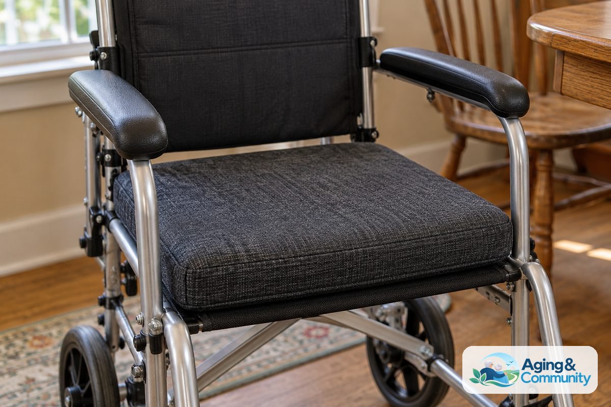 How to Choose a Transport Chair: A Clear Buying Guide 5 A rectangular fabric cushion fits within a transport chair seat beneath padded armrests, with its front edge aligned with the seat edge.
