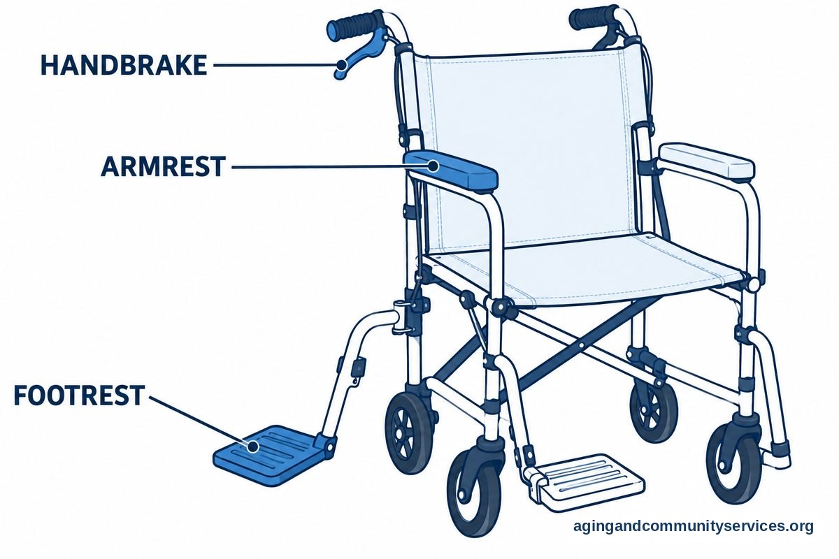 How to Choose a Transport Chair: A Clear Buying Guide 2 A transport chair diagram identifies a push handle brake lever, a padded armrest, and a footrest swung outward from the seat.