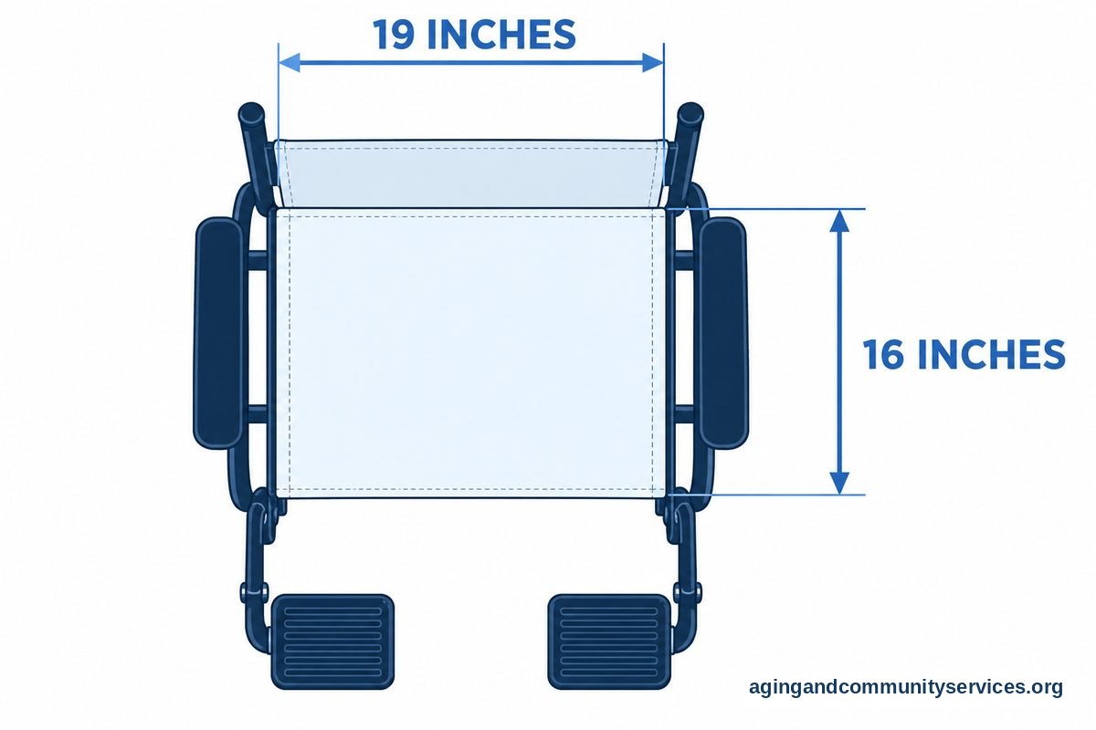 How to Choose a Transport Chair: A Clear Buying Guide 3 A top view of a transport chair seat shows a width arrow labeled 19 inches and a depth arrow labeled 16 inches.