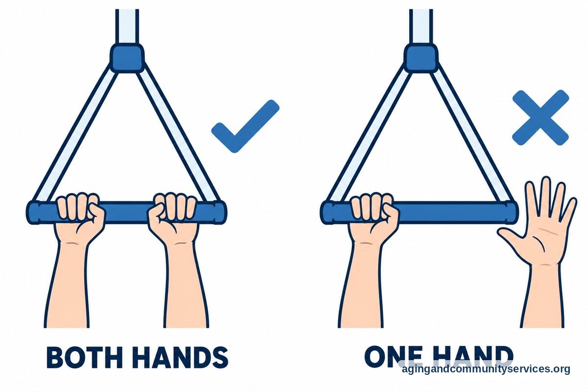 How to Use a Trapeze Bar Safely in Bed at Home 2 Two drawings compare a trapeze handle held with both hands beside a check mark and a handle held with one hand beside a cross.