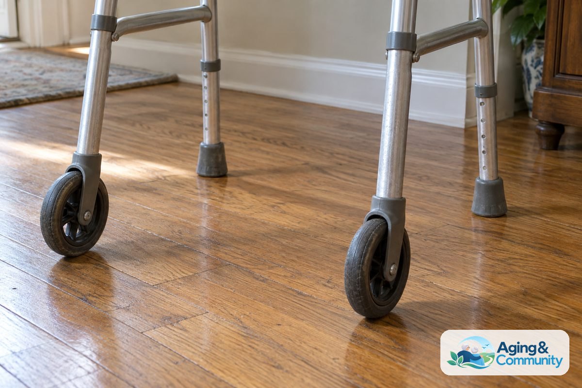 The lower frame of an aluminum walker shows two front wheels and two rear rubber tips resting on a hardwood floor.
