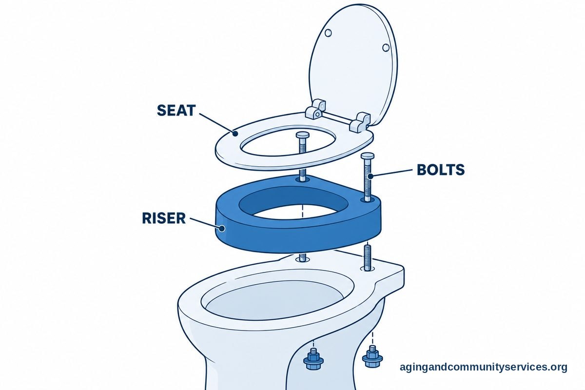 An exploded drawing shows a toilet seat above a thick riser and porcelain bowl, with two long bolts aligned through the rear mounting holes.