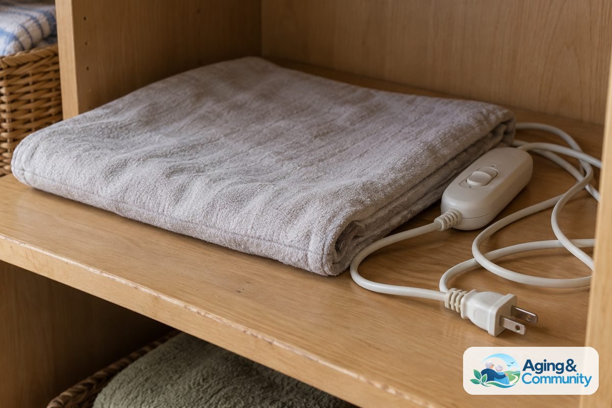 A heating pad rests flat on an open shelf with its controller beside it and its unplugged cord arranged in loose loops.
