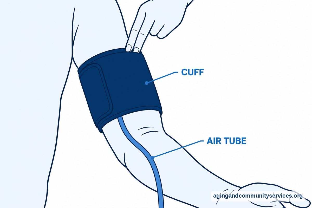 How to Use Blood Pressure Monitor Walgreens at Home 4 A large arm illustration shows a cuff above the elbow crease, two fingertips beneath its upper edge, and tubing descending along the inner arm.
