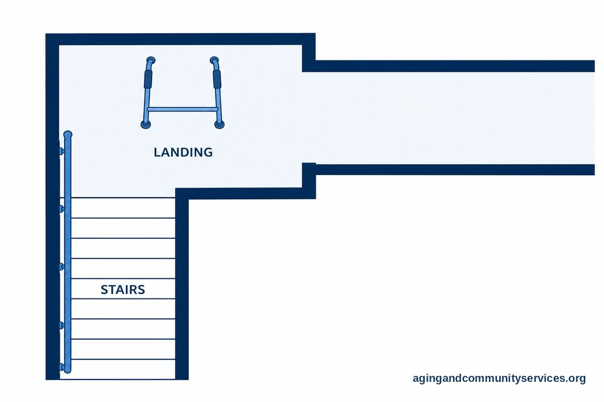 A top down plan shows a staircase meeting an upper landing with an open walker fully inside the level floor area.