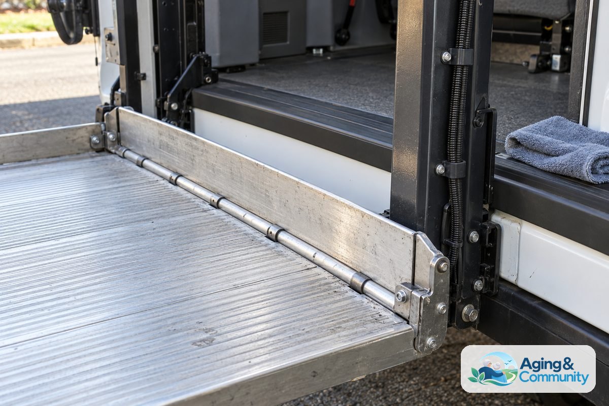 A close view of an empty van lift shows its textured platform, roll stop hinge, secured cable, and a folded cleaning cloth beside the base.