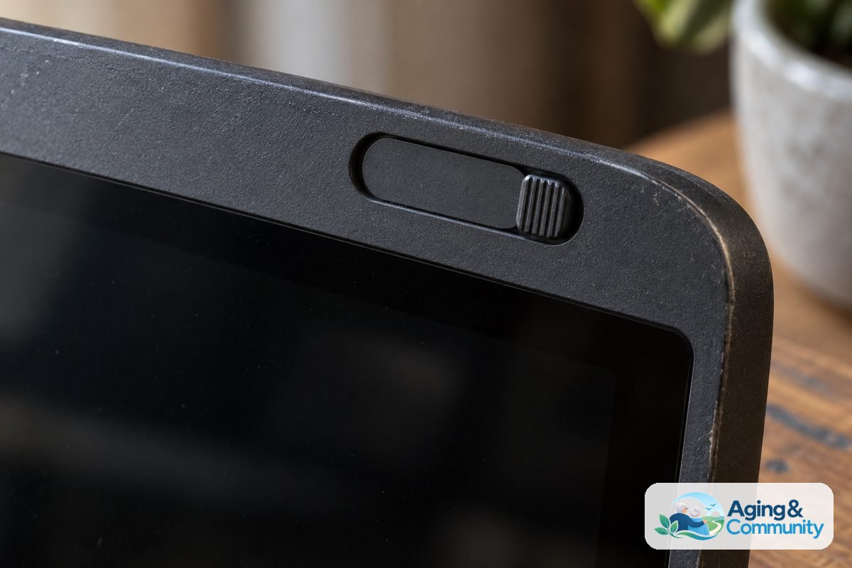 Monitor Elderly at Home With Video Calls Safely 5 A close view of a smart display shows an opaque sliding shutter covering its camera lens above a dark screen.