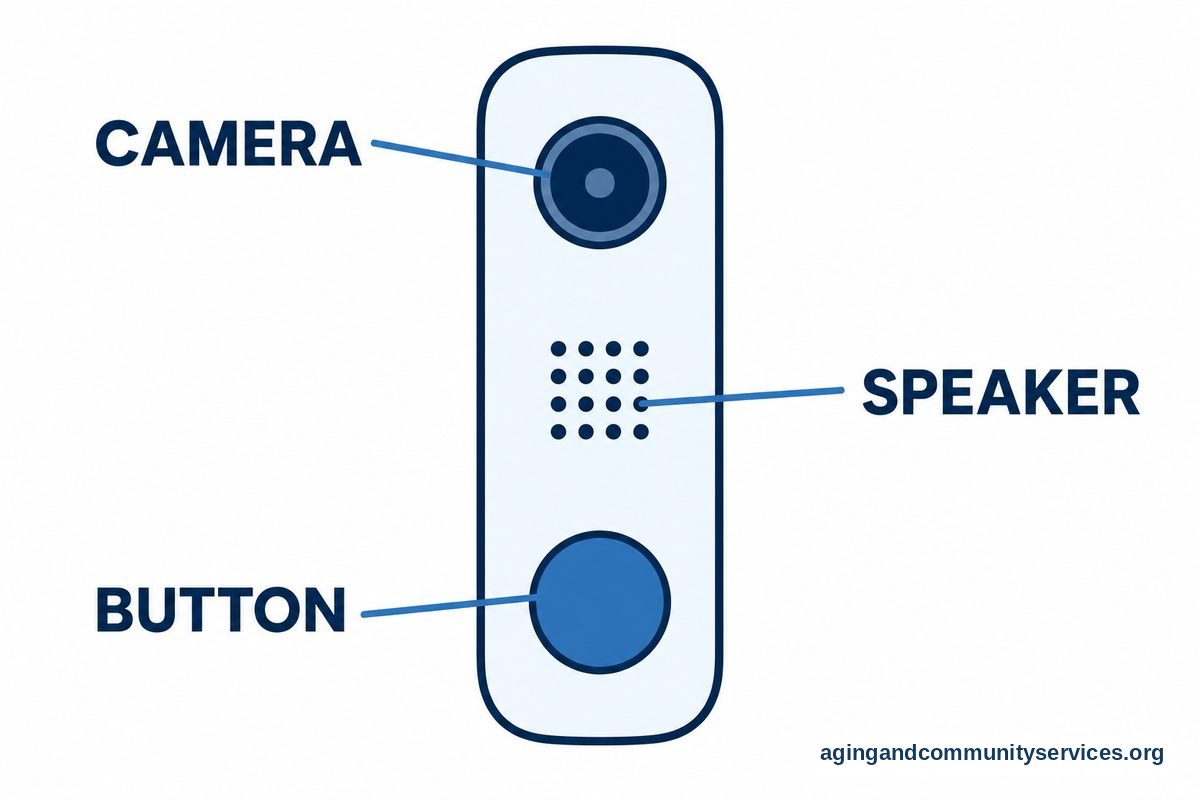 A large video doorbell drawing has three short callouts pointing to its camera lens, speaker grille, and round button.