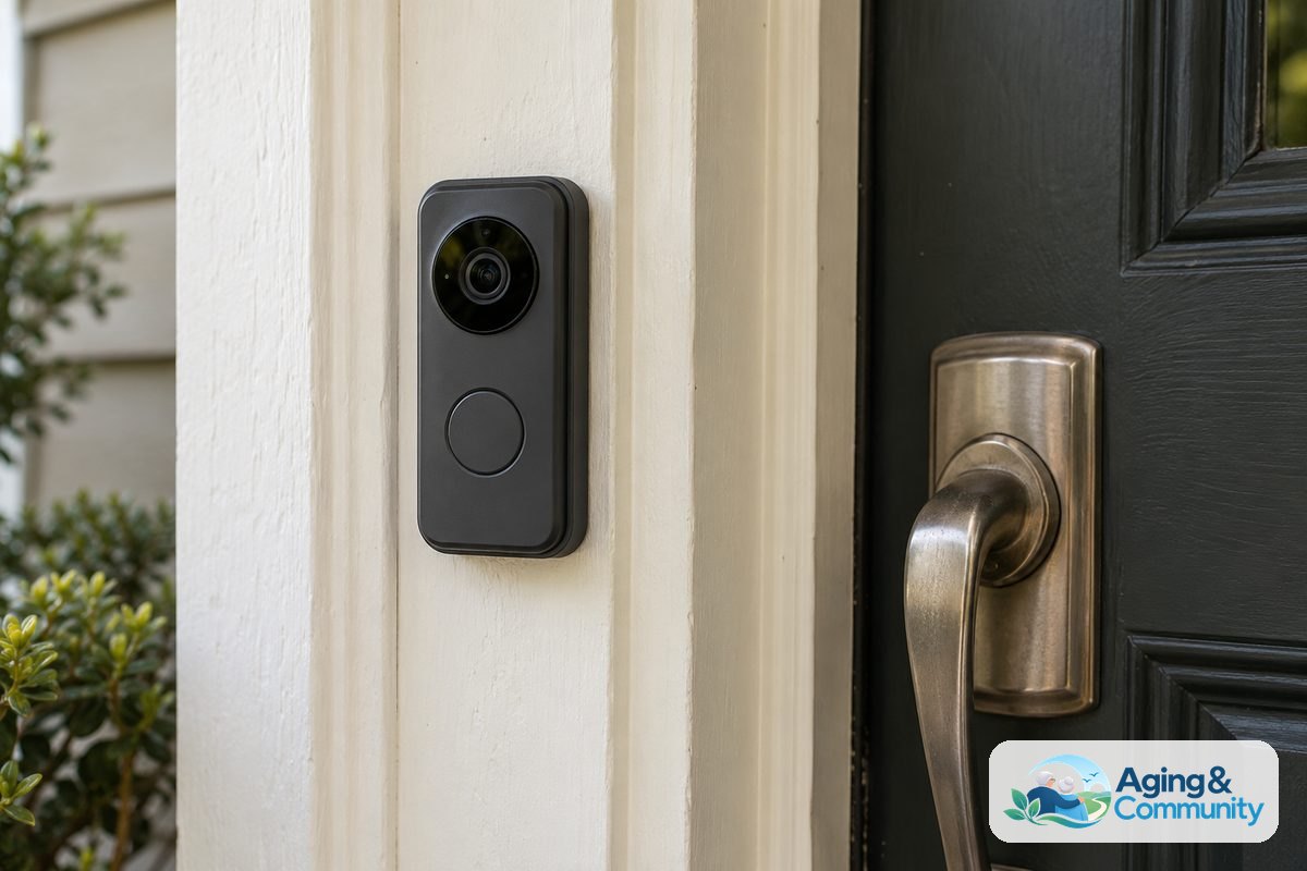Smart Home Security for Seniors Made Simple 3 A compact video doorbell with a round camera lens and a large button is mounted on painted wood trim beside a front door.
