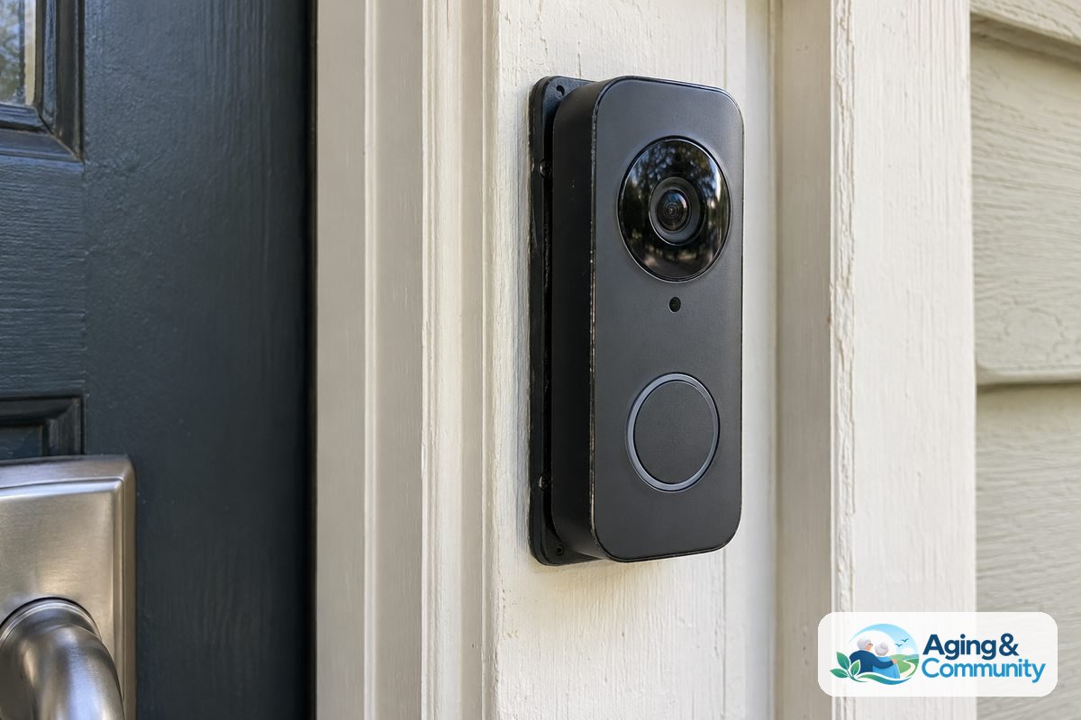 A video doorbell with a circular camera lens and a large button is mounted on painted wooden trim beside a front door.