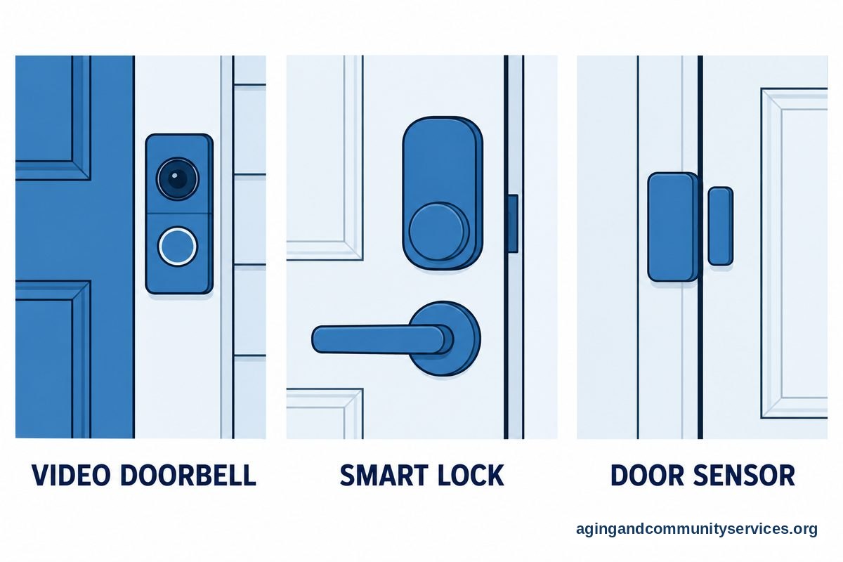 Smart Home Security for Seniors Made Simple 6 Three panels show a video doorbell beside an exterior door, a smart lock mounted above a door handle, and a two piece sensor aligned across a door and its frame.