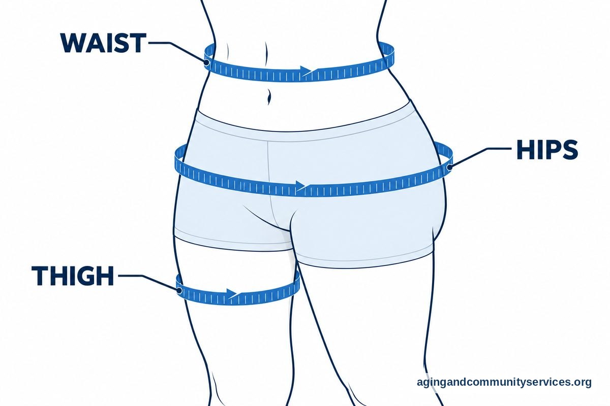 A vector diagram shows measuring tape loops around the waist, widest hips, and upper thigh of a clothed lower torso.