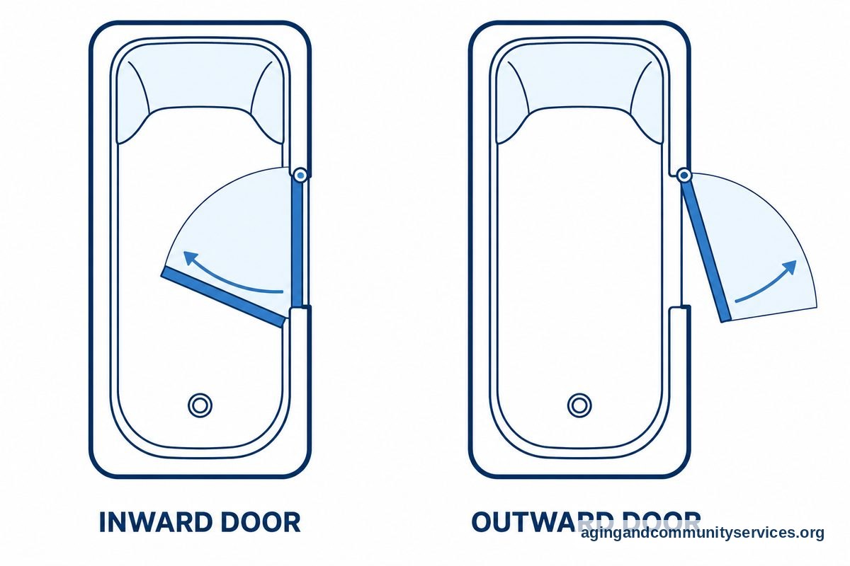Two overhead tub drawings show one door swinging into the basin and another swinging outward onto the bathroom floor.