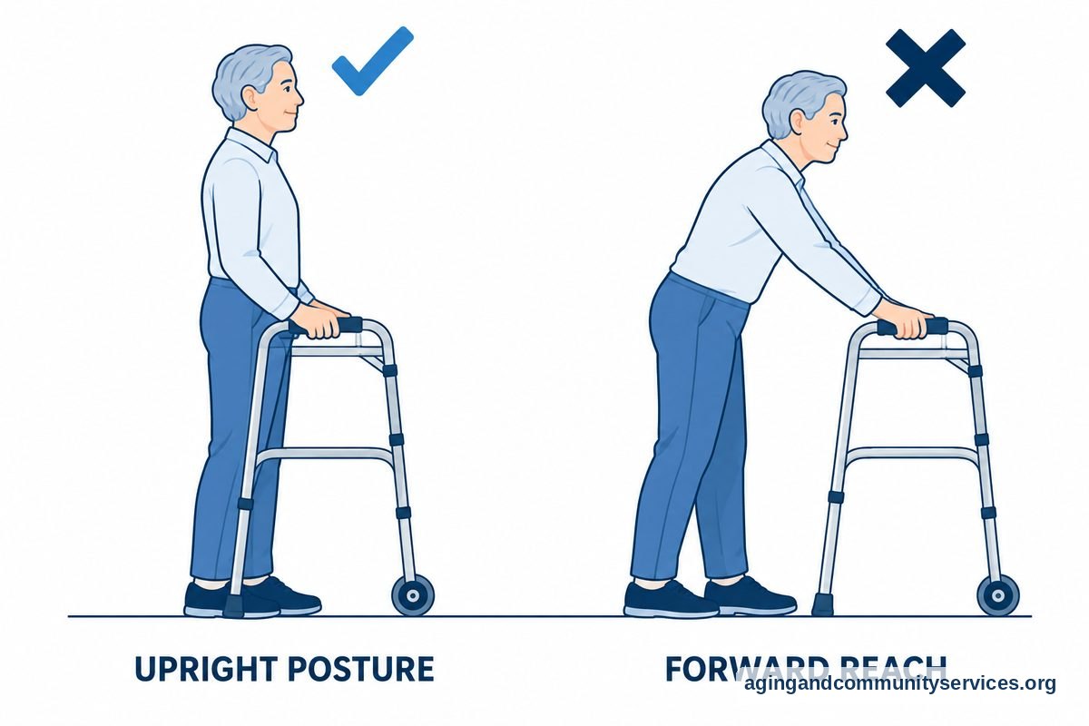 Two side views compare an upright walker user beside a check mark with a user reaching toward a distant walker beside a cross.