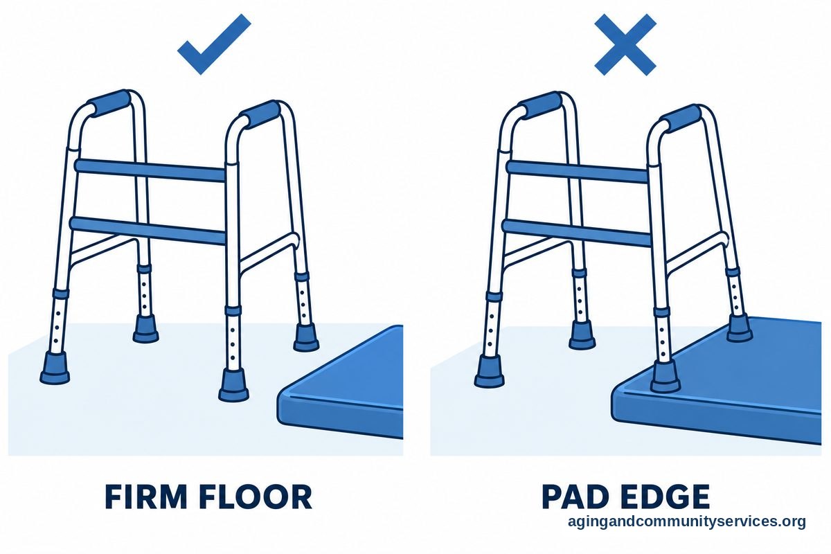 A checked illustration shows all four walker feet on firm flooring, while a crossed illustration shows two walker feet on a raised pad and two on the floor.