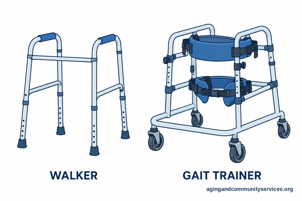 Walker vs Gait Trainer: Practical Differences and Guide 2 A vector drawing places a walker with handgrips beside a gait trainer with padded chest and pelvic fittings.