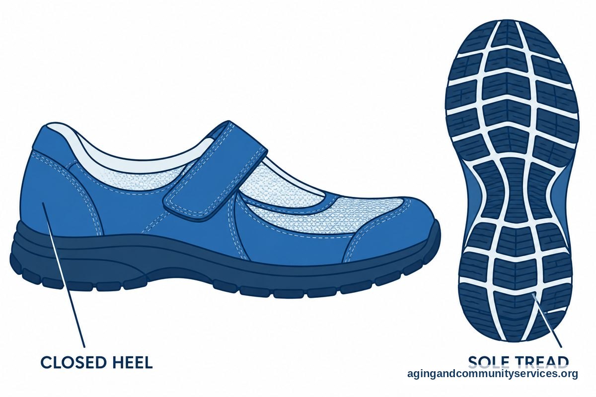 Two vector views of a walking shoe show its enclosed heel and the tread pattern on the underside of its sole.