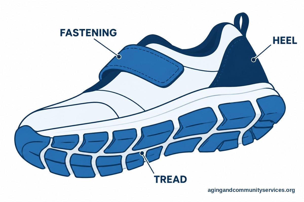 A walking shoe diagram highlights its adjustable fastening, enclosed heel, and patterned outsole tread.