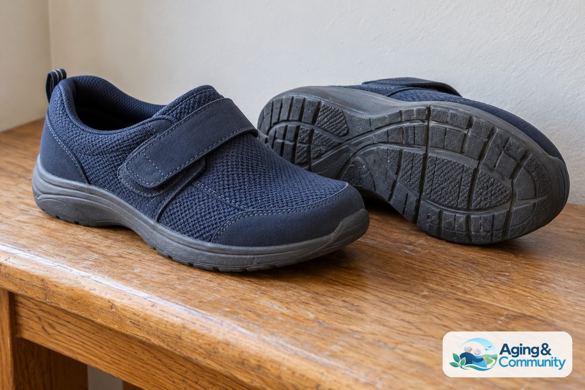 Two walking shoes rest on an oak bench, with one upright showing its strap closure and the other tilted to reveal its textured rubber sole.
