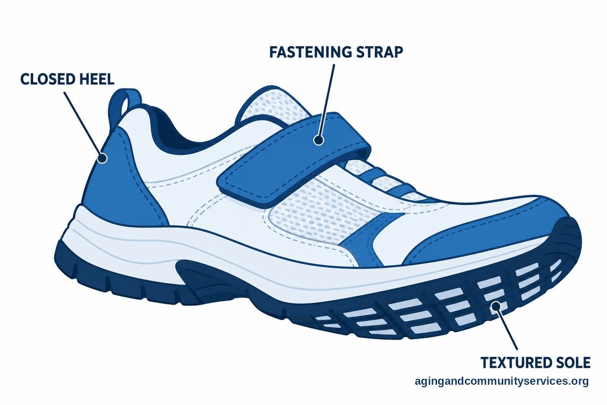 Why Fall Prevention Is Important for Older Adults 5 A large walking shoe drawing has three callouts pointing to its enclosed heel, adjustable strap, and textured outsole.