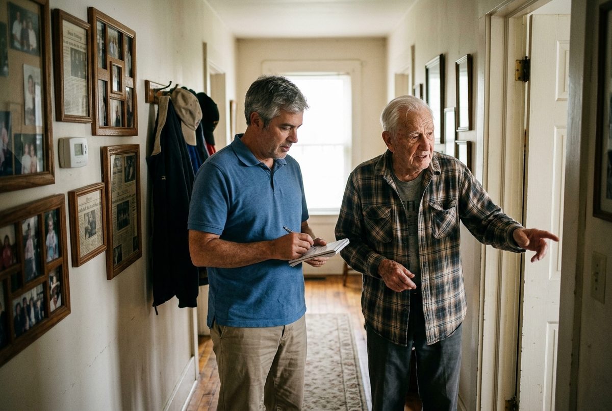 Room-by-Room Home Safety Checklist 1 An older man and his adult son walk through the house together with a notepad, looking at the hallway as they work down a home safety checklist