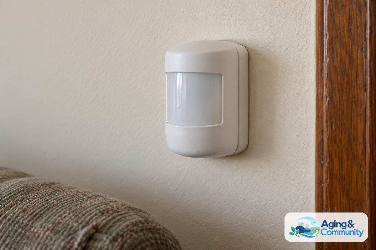 AI Wearables for Elderly Care: A Plain-English Guide 3 A small white sensor is mounted on a painted living room wall above the edge of an upholstered chair.