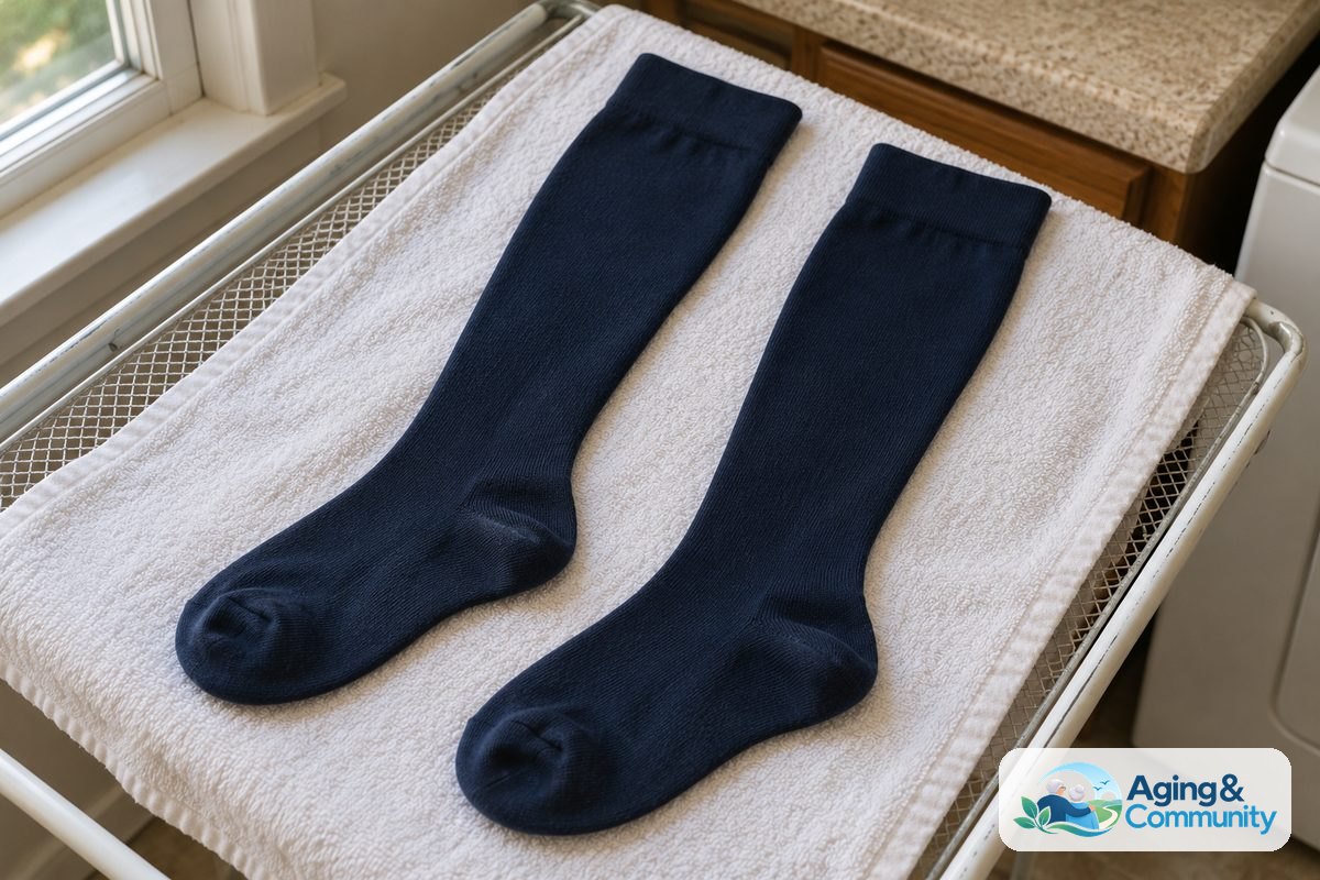 Two compression socks lie flat without overlapping on a white cotton towel across a mesh drying rack.